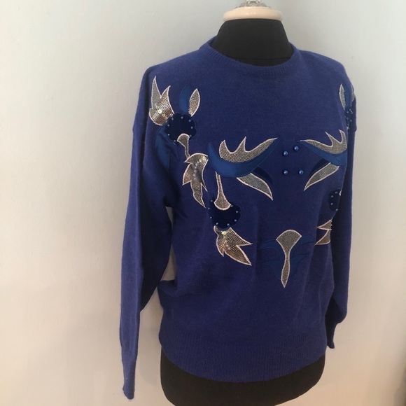 Vintage 1980s Embellished Blue Sweater M - Picture 3 of 8